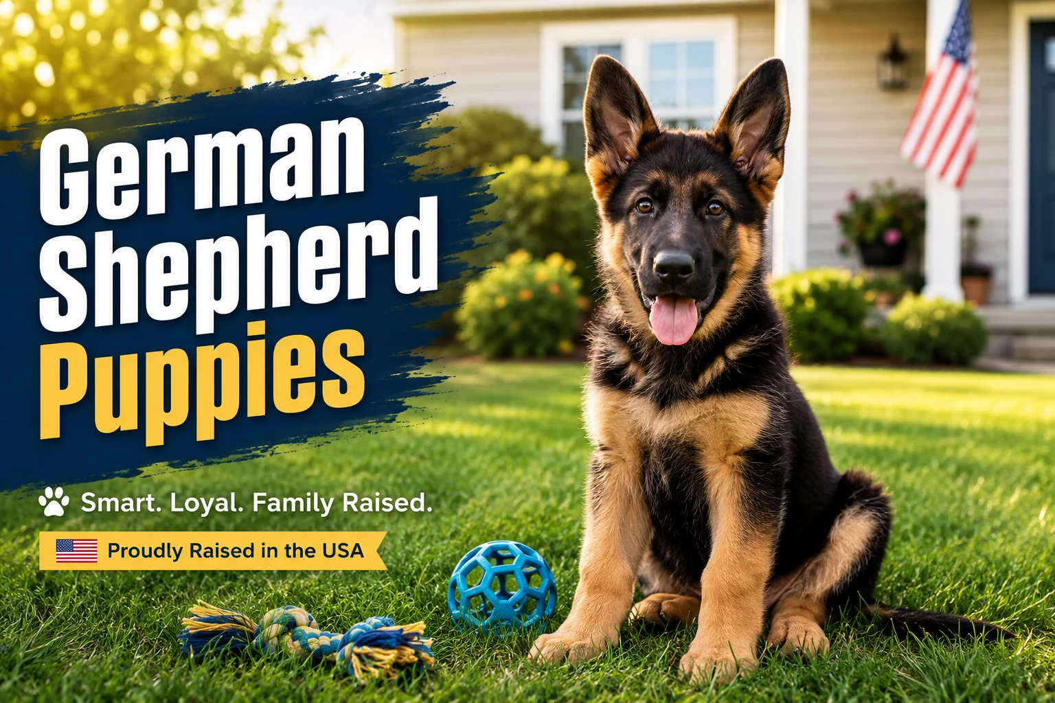 Healthy German Shepherd puppy sitting outdoors in a bright family backyard environment.
