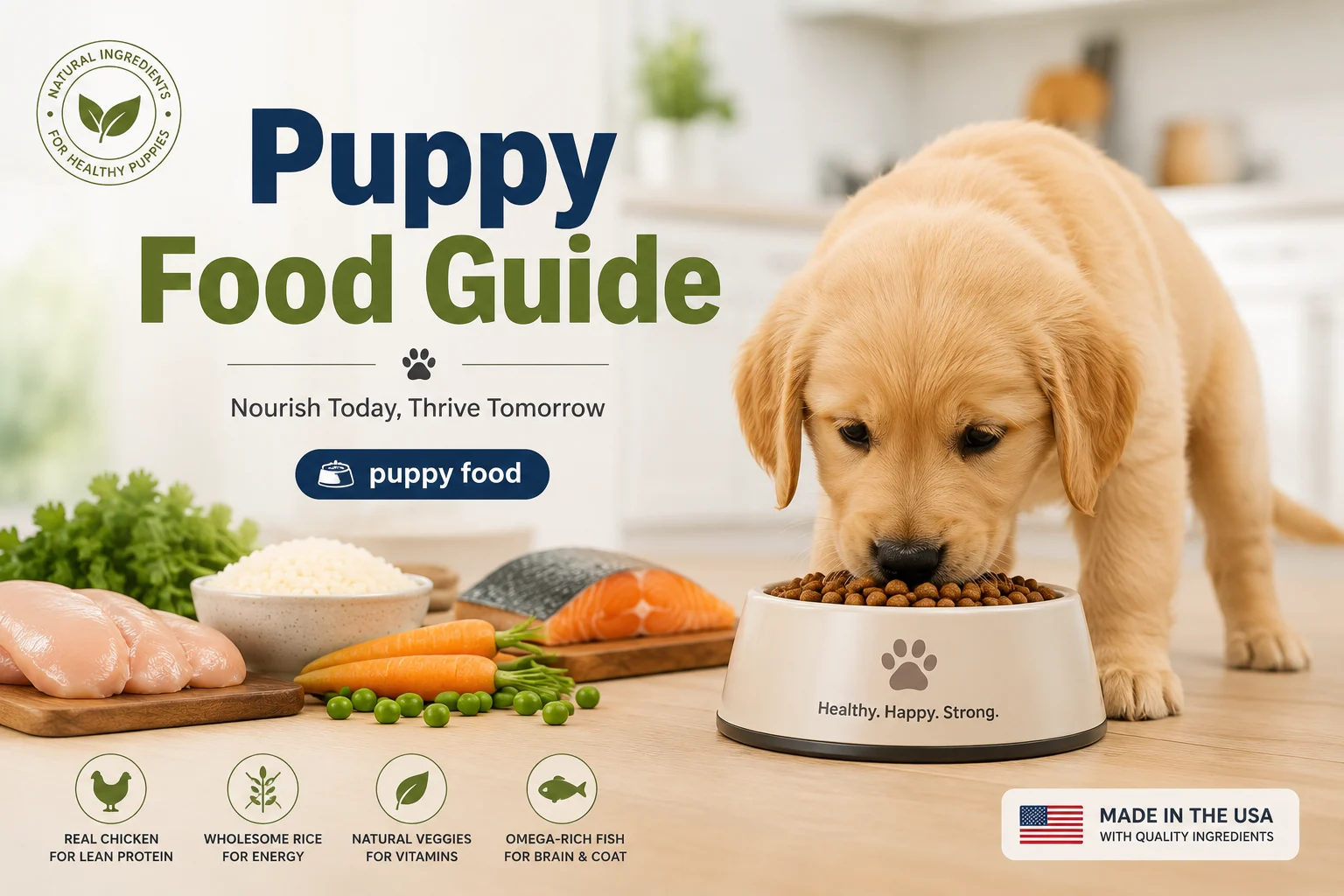 Happy healthy puppy eating nutritious puppy food from a clean bowl in a bright kitchen with fresh ingredients in background.