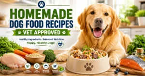 Happy healthy dog eating homemade food with fresh ingredients, representing homemade dog food recipes vet approved.