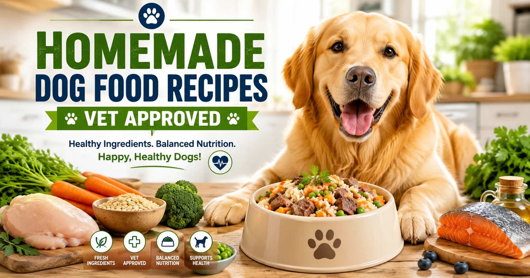 Happy healthy dog eating homemade food with fresh ingredients, representing homemade dog food recipes vet approved.