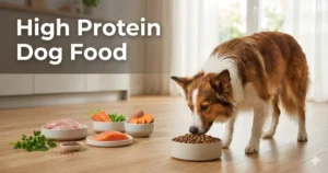Healthy dog eating high protein dog food with meat and vegetables bowl for nutrition and energy growth