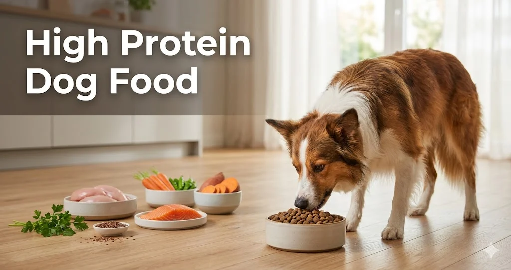 Healthy dog eating high protein dog food with meat and vegetables bowl for nutrition and energy growth