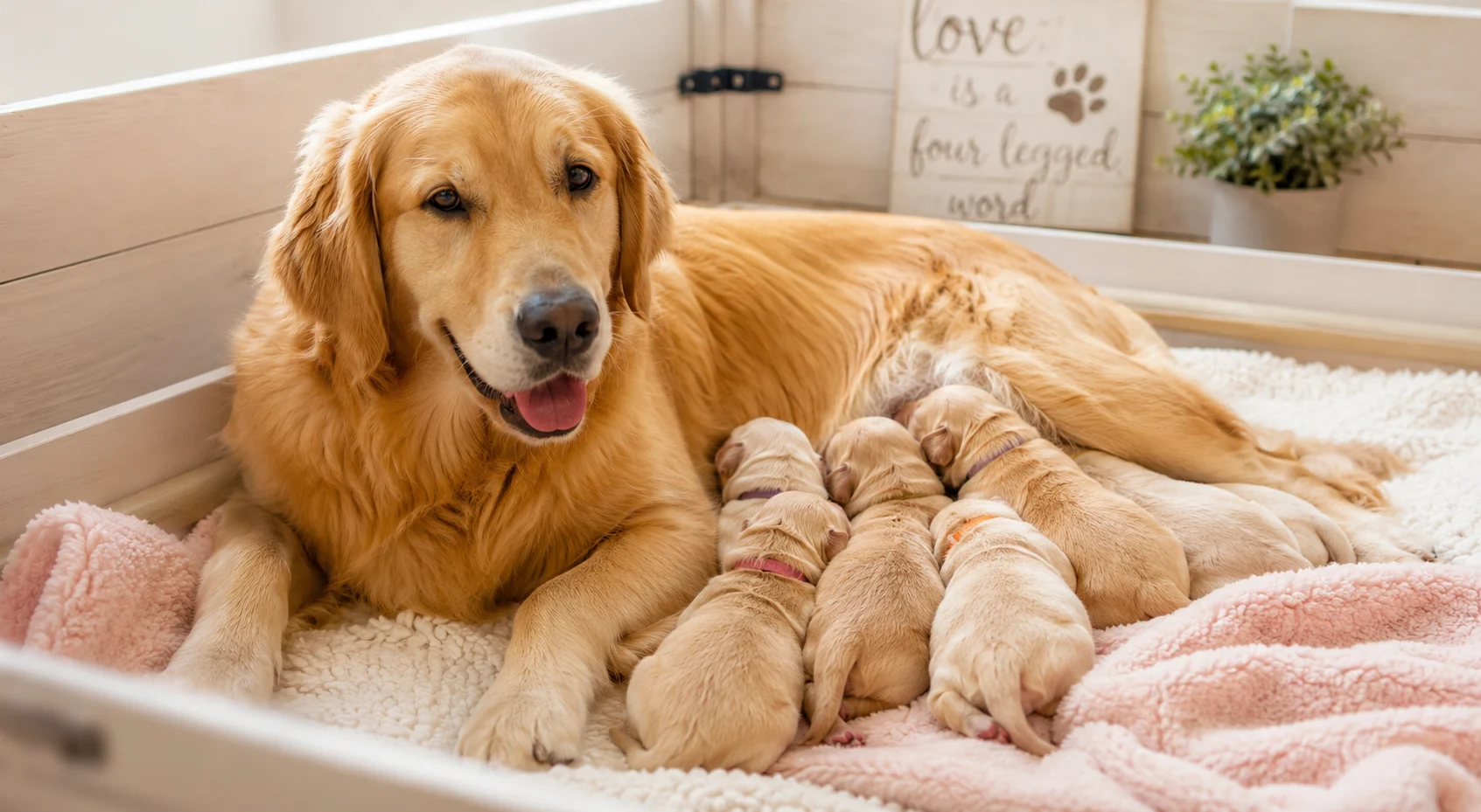 mother dog caring for newborn puppies after birth in a warm whelping box