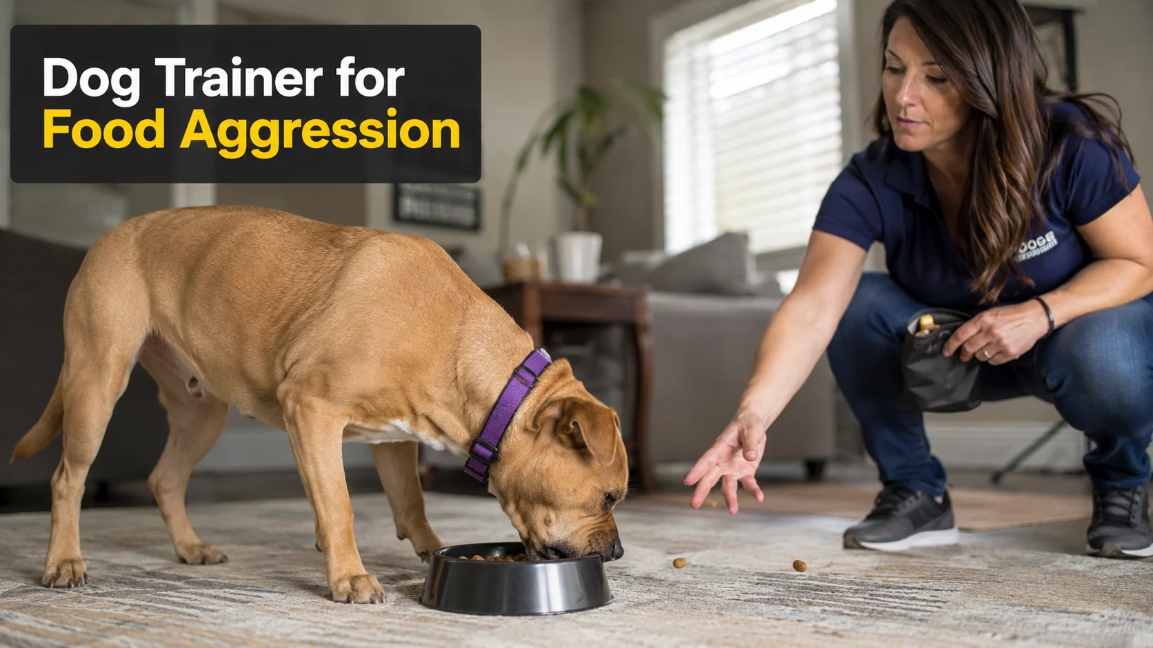 Professional dog trainer using positive reinforcement techniques to help a dog with food aggression and resource guarding behavior.