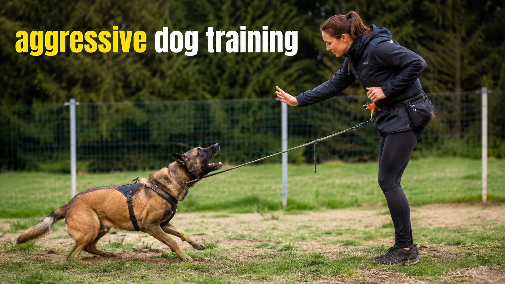 Aggressive dog training with professional trainer working on leash reactivity using positive reinforcement outdoors.
