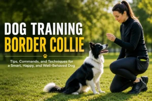 Professional dog training session featuring a Border Collie practicing obedience in a green park while the owner gives positive reinforcement with treats.