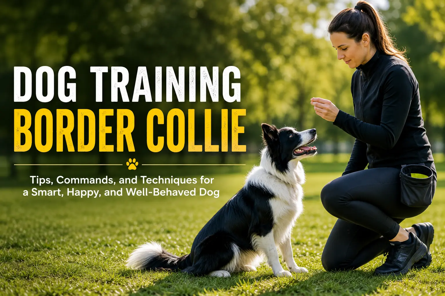 Professional dog training session featuring a Border Collie practicing obedience in a green park while the owner gives positive reinforcement with treats.