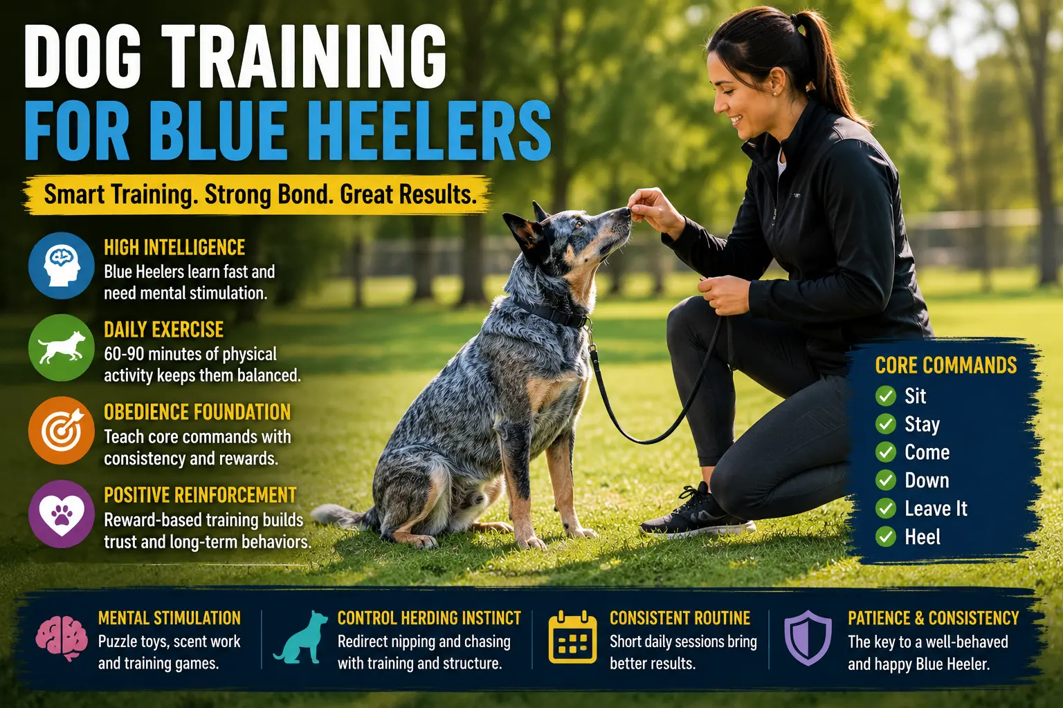 Blue Heeler dog training in a park with owner using positive reinforcement, obedience sit command, leash control, and reward based training in natural outdoor setting.