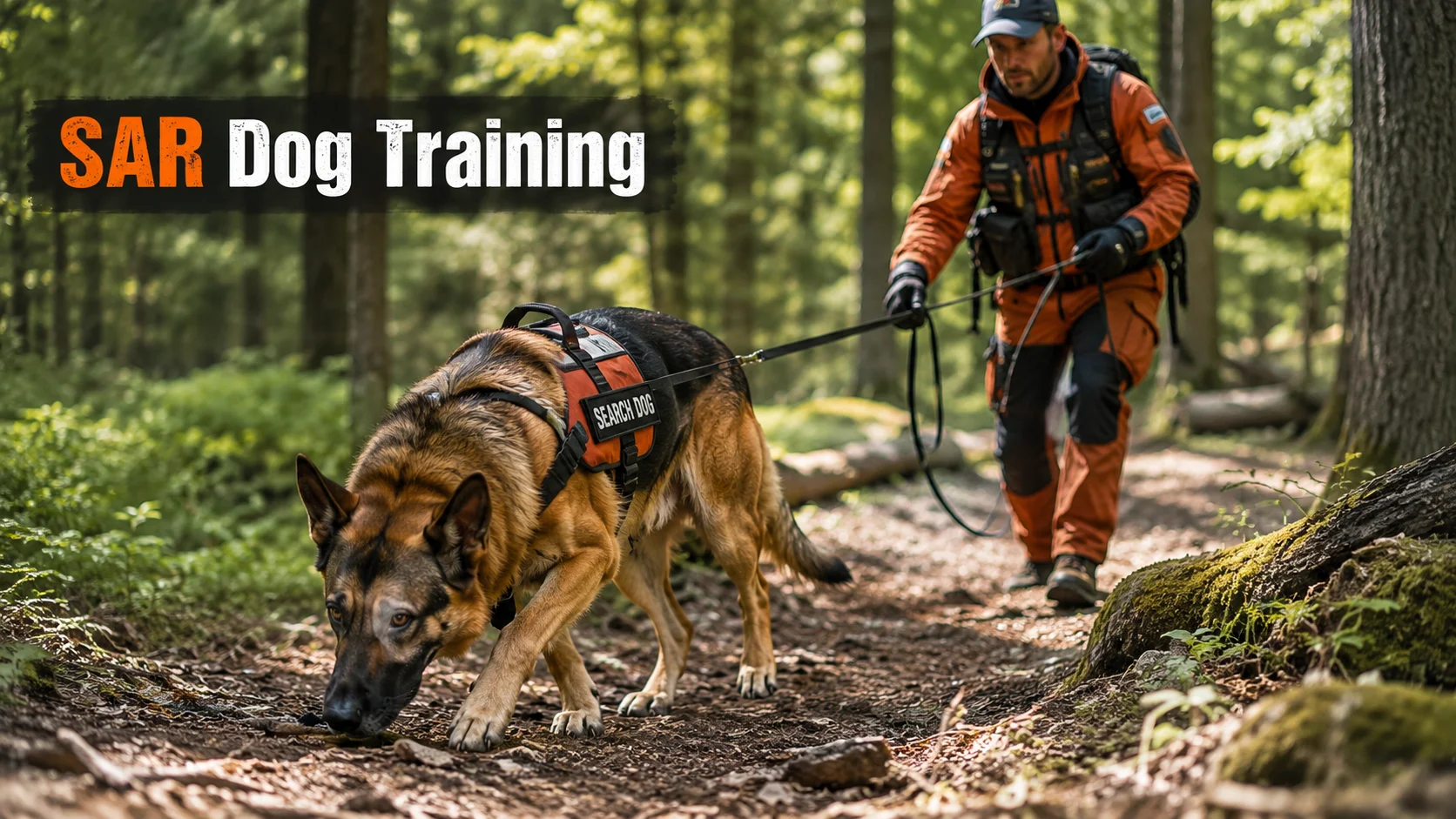 SAR dog training teaches dogs to locate missing people using scent, obedience, focus, and problem-solving skills.