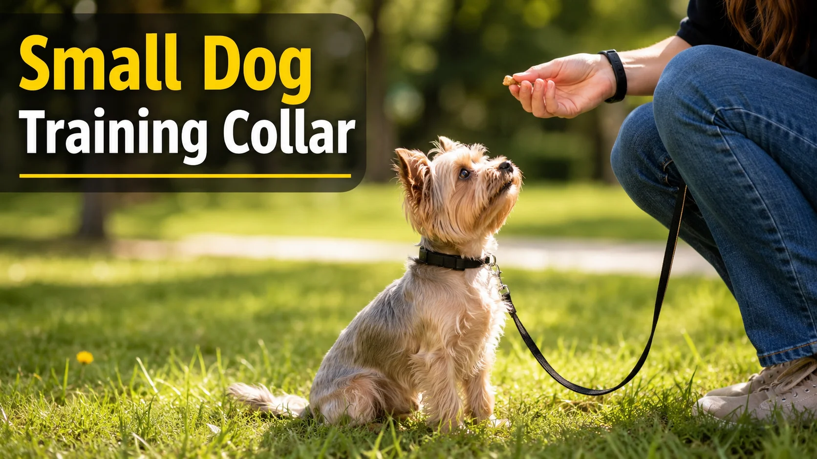 Small dog wearing a properly fitted training collar during a positive reinforcement obedience training session outdoors