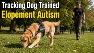 Learn how a tracking dog trained for autism-related elopement is developed, trained, and handled safely using reward-based methods.